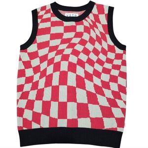VSTR Premium Men's Checkered Sweater Vest Red Cream Black Size Small